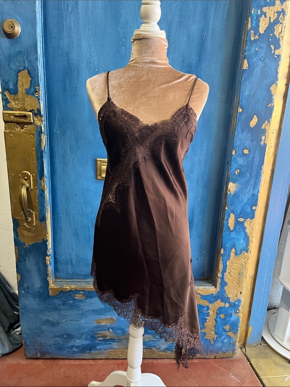 Zara Brown Lace-Trim Satin Slip Chemise